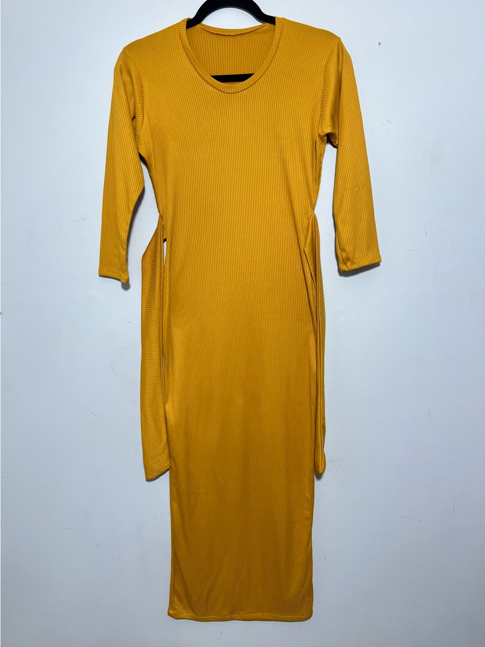 Ribbed Mustard Long Sleeve Midi Dress - Women
